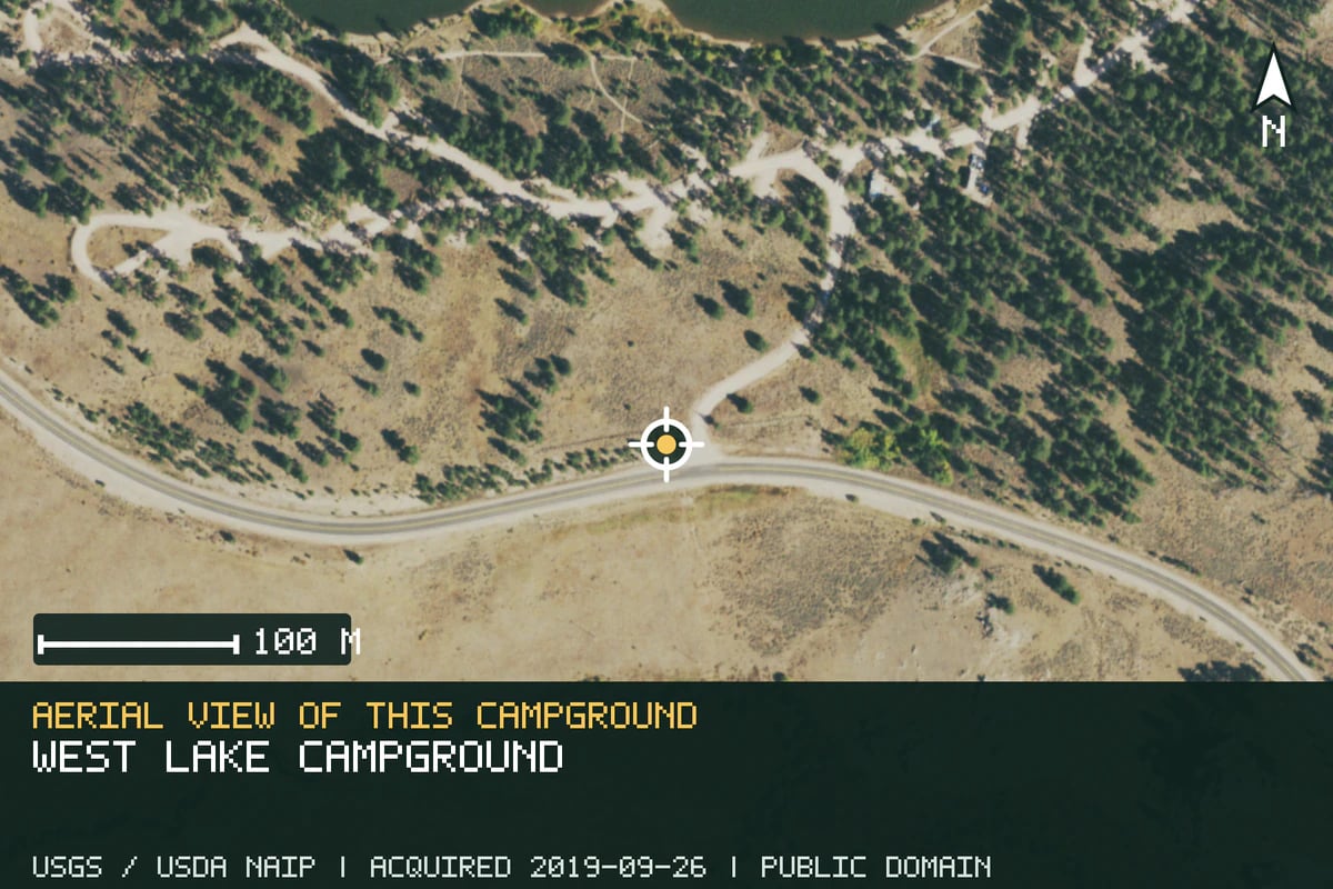Aerial view of West Lake Campground, with the verified campground location marked.