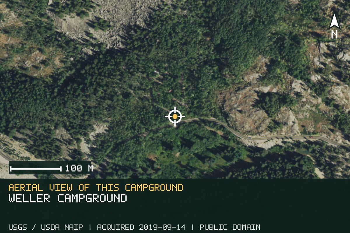 Aerial view of Weller Campground, with the verified campground location marked.