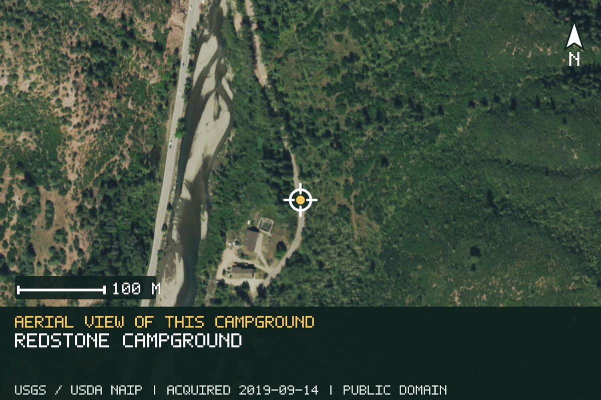 Aerial view of Redstone Campground, with the verified campground location marked.