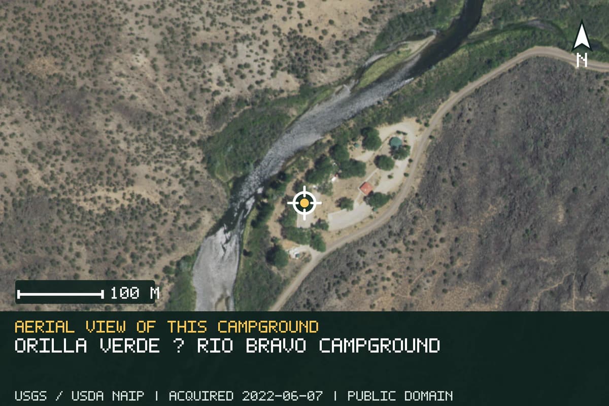 Aerial view of Orilla Verde · Río Bravo Campground, with the verified campground location marked.
