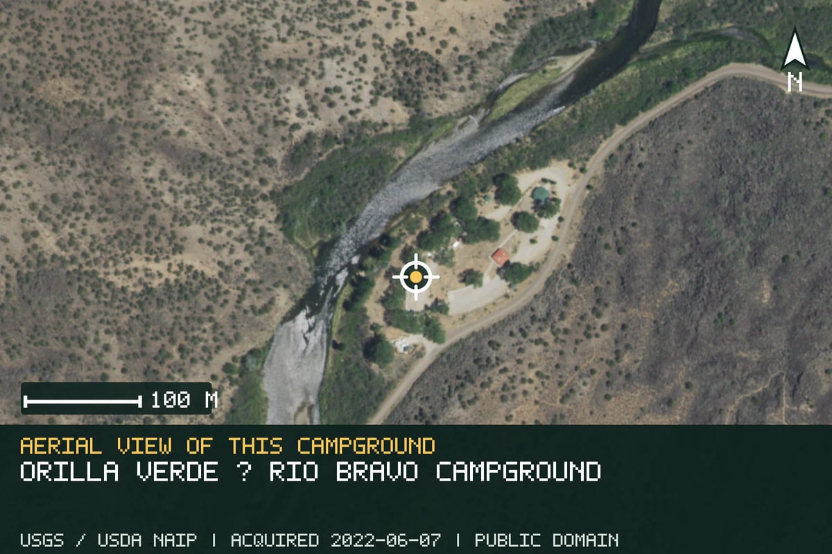 Aerial view of Orilla Verde · Río Bravo Campground, with the verified campground location marked.