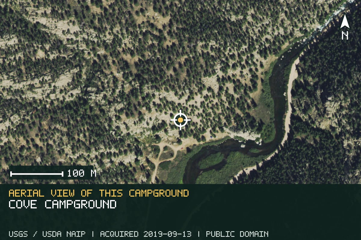 Aerial view of Cove Campground, with the verified campground location marked.