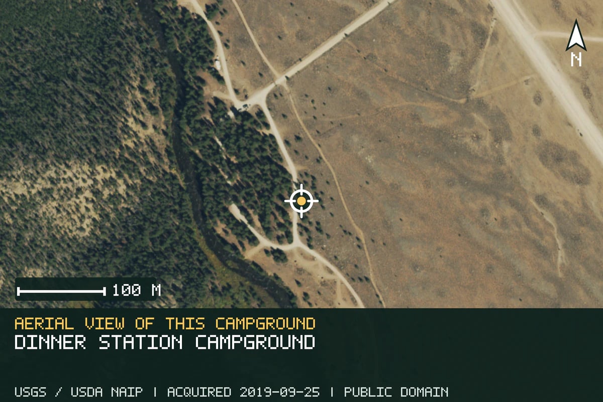 Aerial view of Dinner Station Campground, with the verified campground location marked.