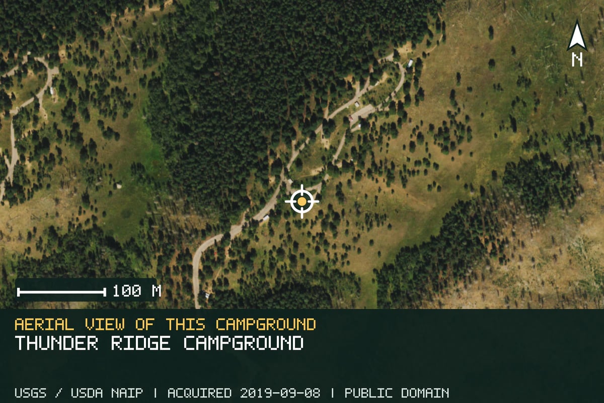 Aerial view of Thunder Ridge Campground, with the verified campground location marked.
