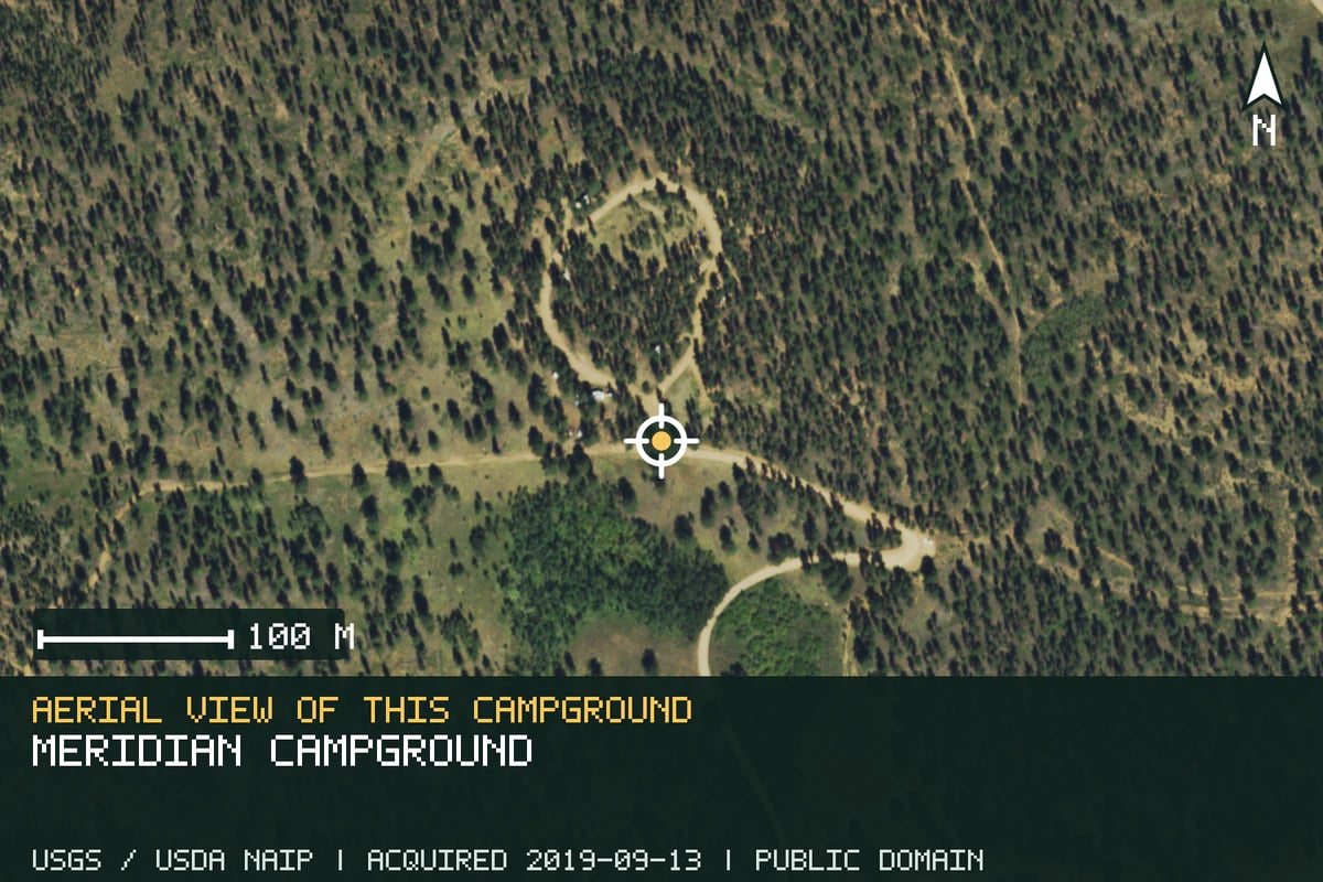 Aerial view of Meridian Campground, with the verified campground location marked.