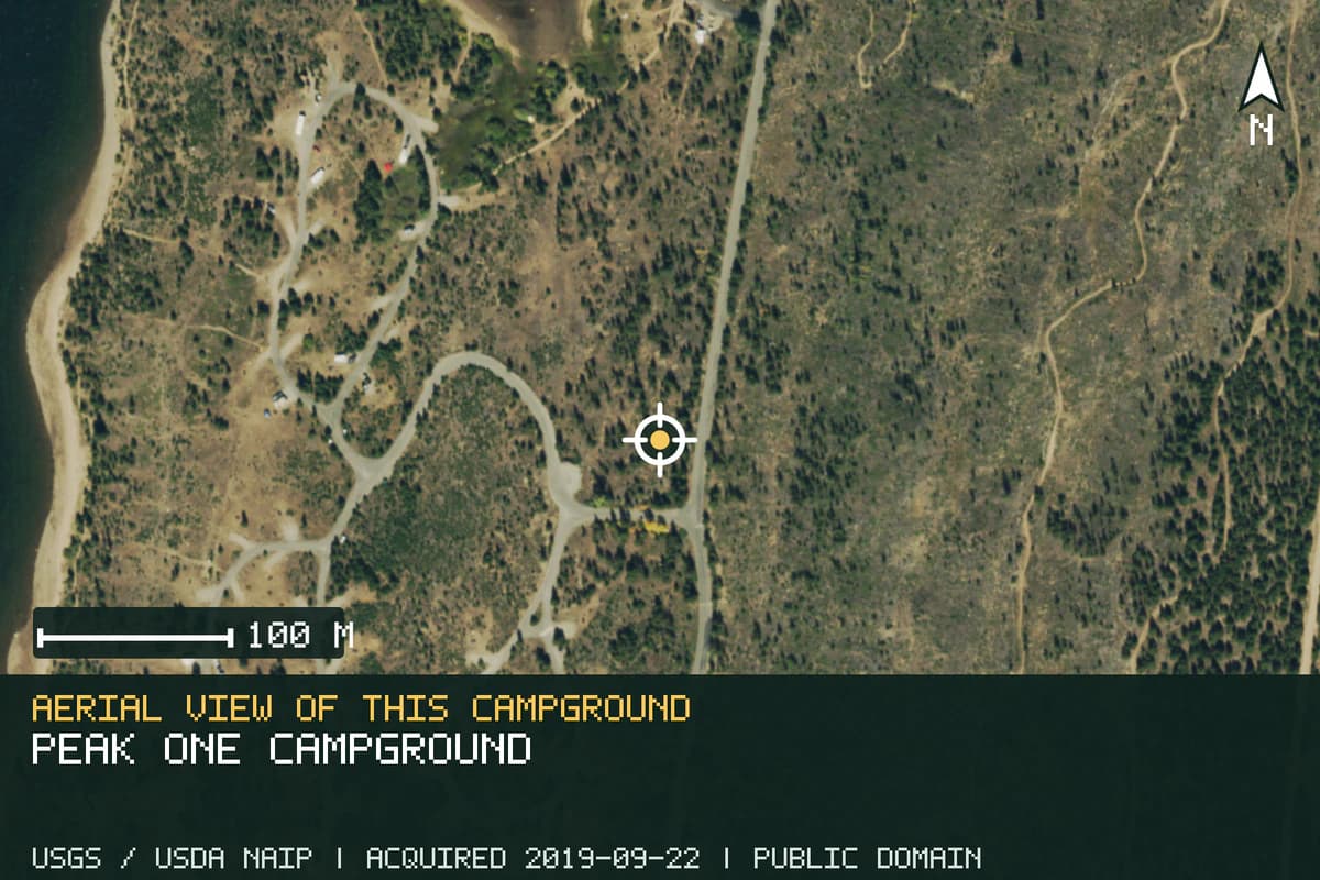 Aerial view of Peak One Campground, with the verified campground location marked.