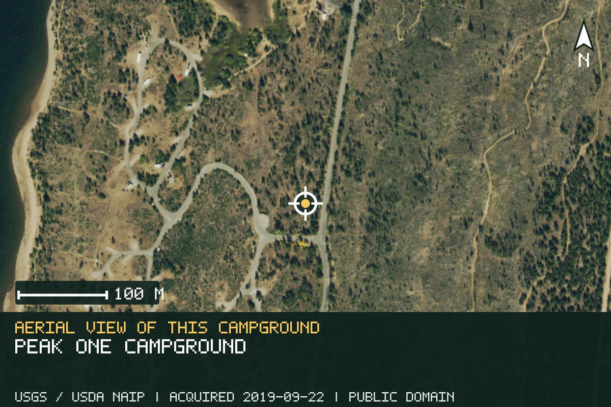 Aerial view of Peak One Campground, with the verified campground location marked.