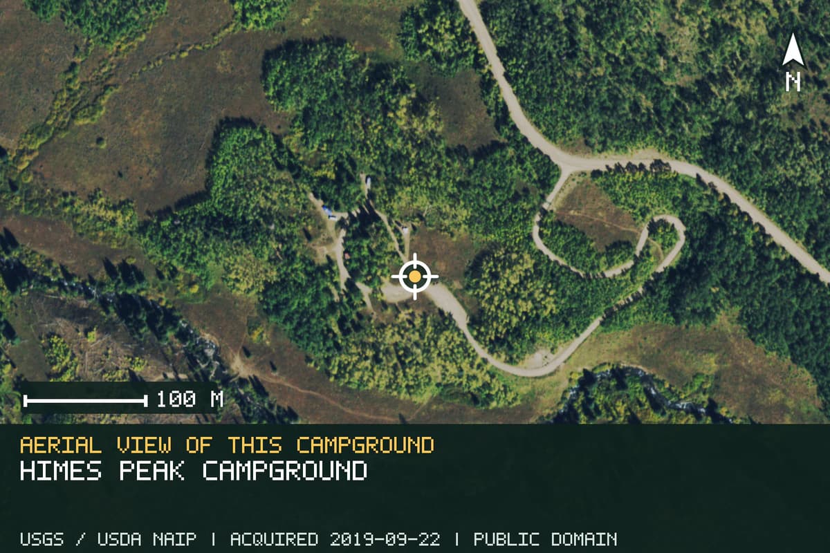 Aerial view of Himes Peak Campground, with the verified campground location marked.