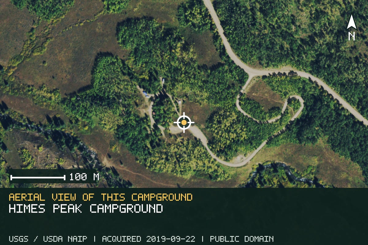 Aerial view of Himes Peak Campground, with the verified campground location marked.
