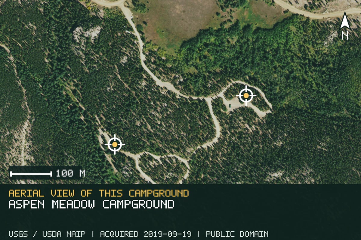 Aerial view of Aspen Meadow Campground, with the verified campground locations marked.