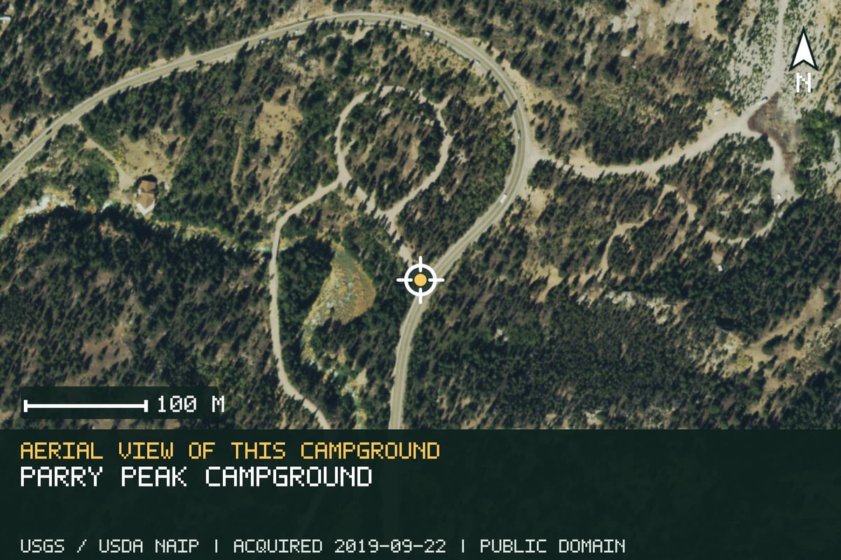 Aerial view of Parry Peak Campground, with the verified campground location marked.