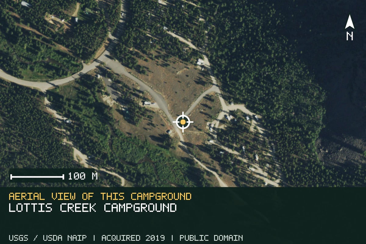Aerial view of Lottis Creek Campground, with the verified campground location marked.