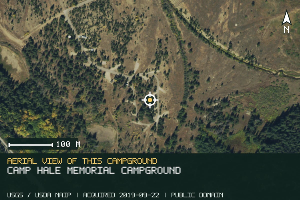 Aerial view of Camp Hale Memorial Campground, with the verified campground location marked.