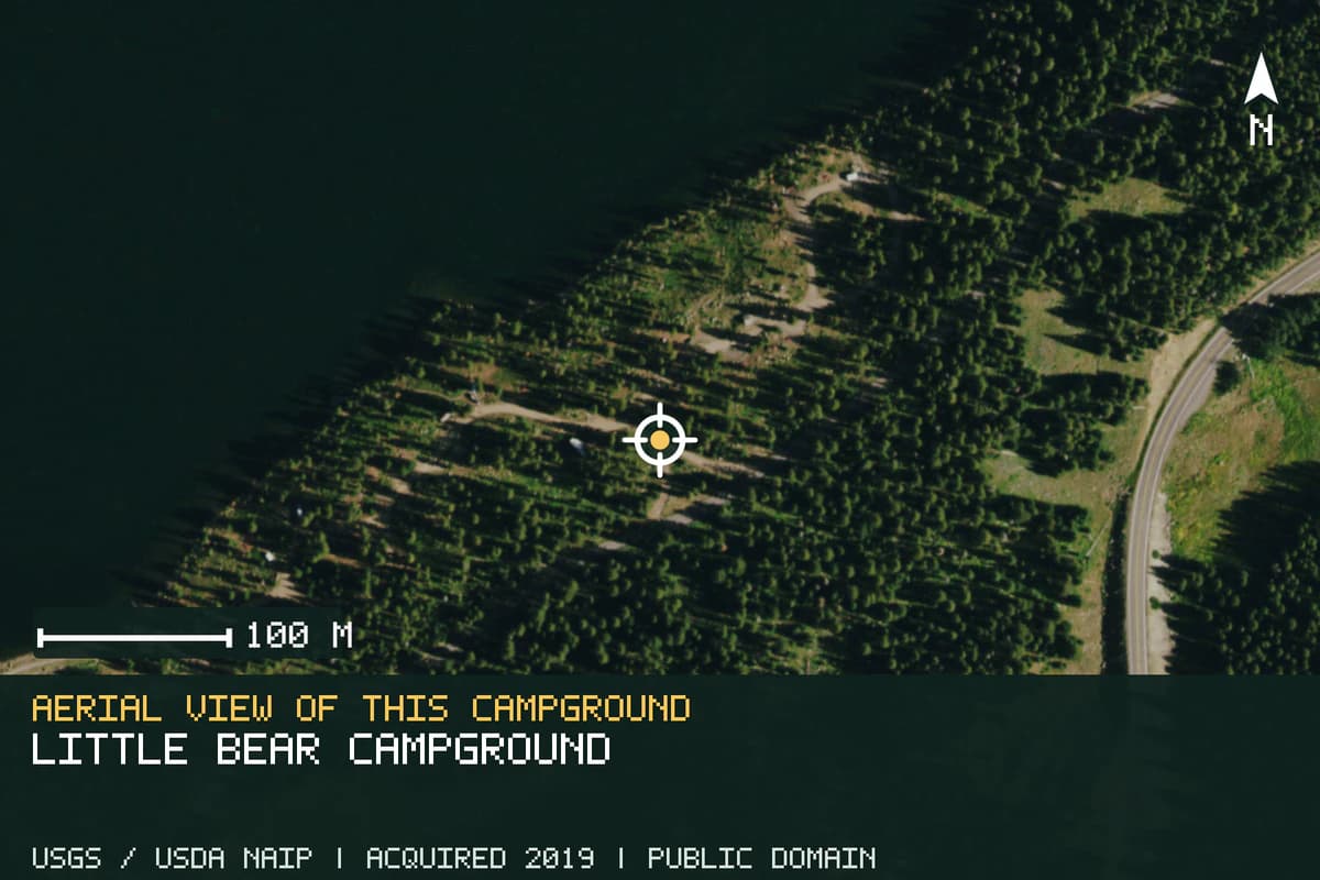 Aerial view of Little Bear Campground, with the verified campground location marked.