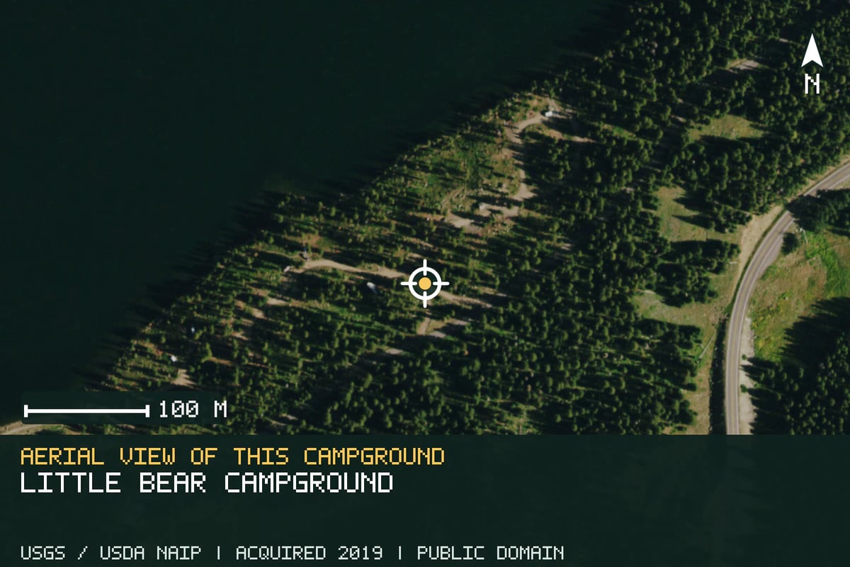 Aerial view of Little Bear Campground, with the verified campground location marked.
