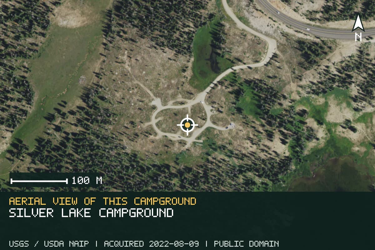 Aerial view of Silver Lake Campground, with the verified campground location marked.