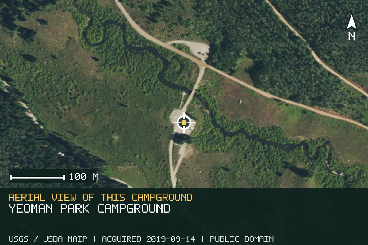 Aerial view of Yeoman Park Campground, with the verified campground location marked.