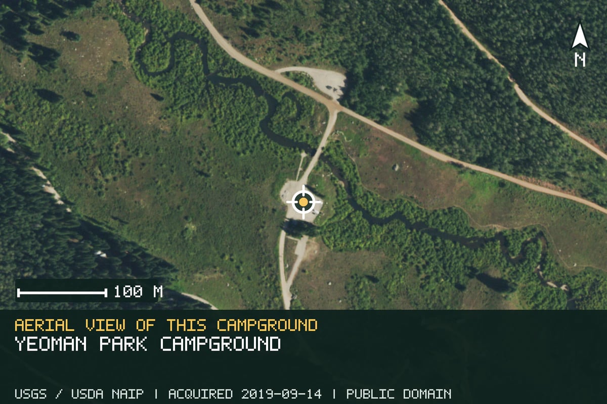 Aerial view of Yeoman Park Campground, with the verified campground location marked.