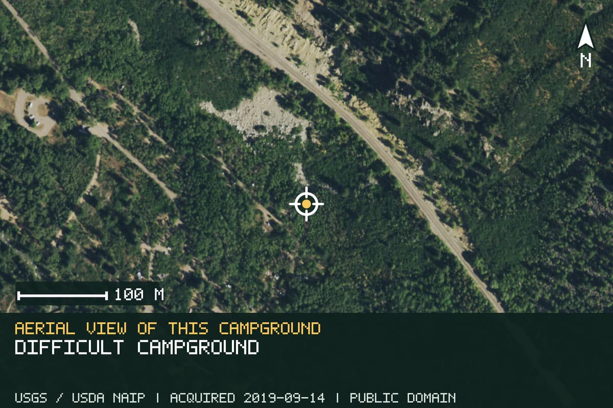 Aerial view of Difficult Campground, with the verified campground location marked.