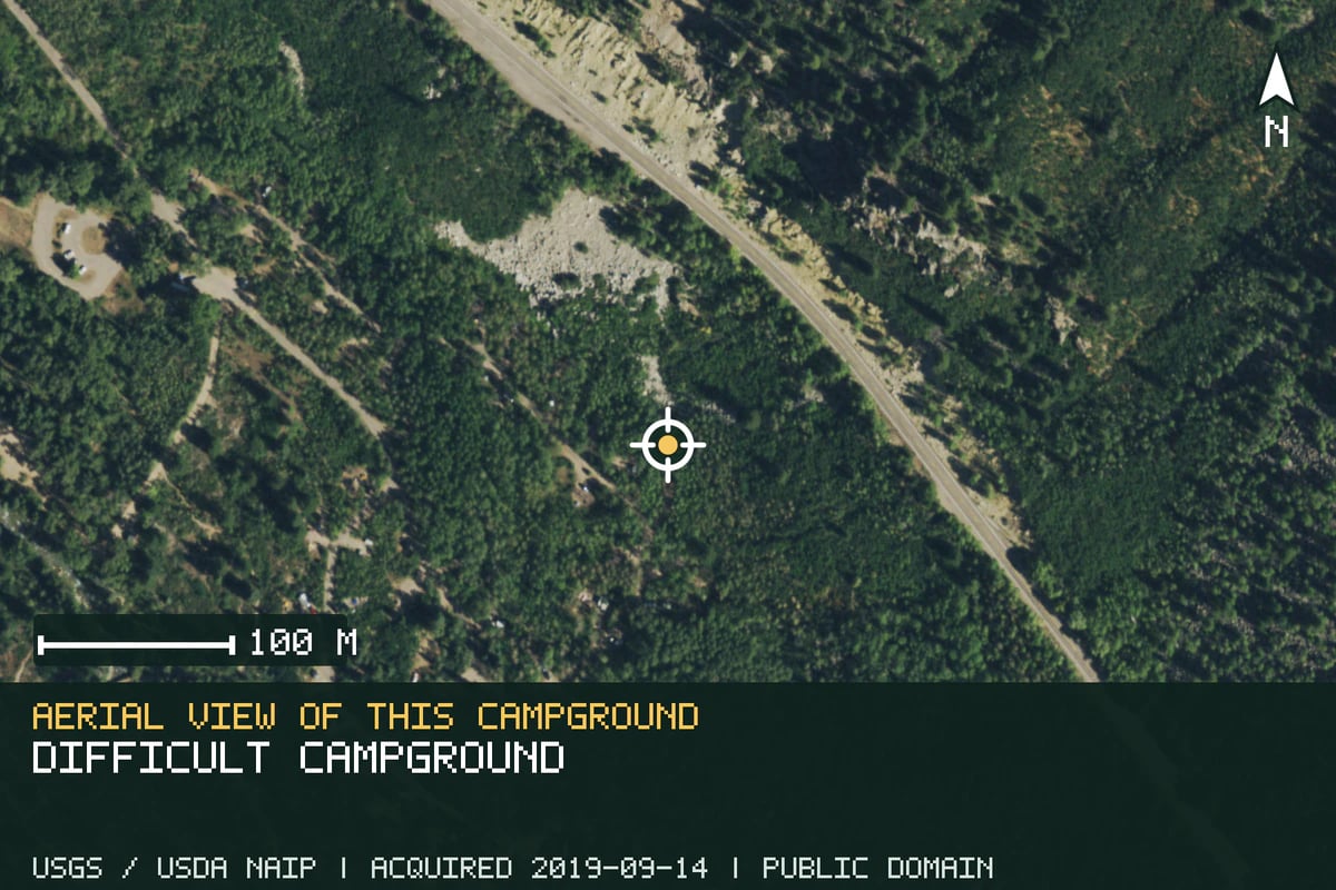 Aerial view of Difficult Campground, with the verified campground location marked.