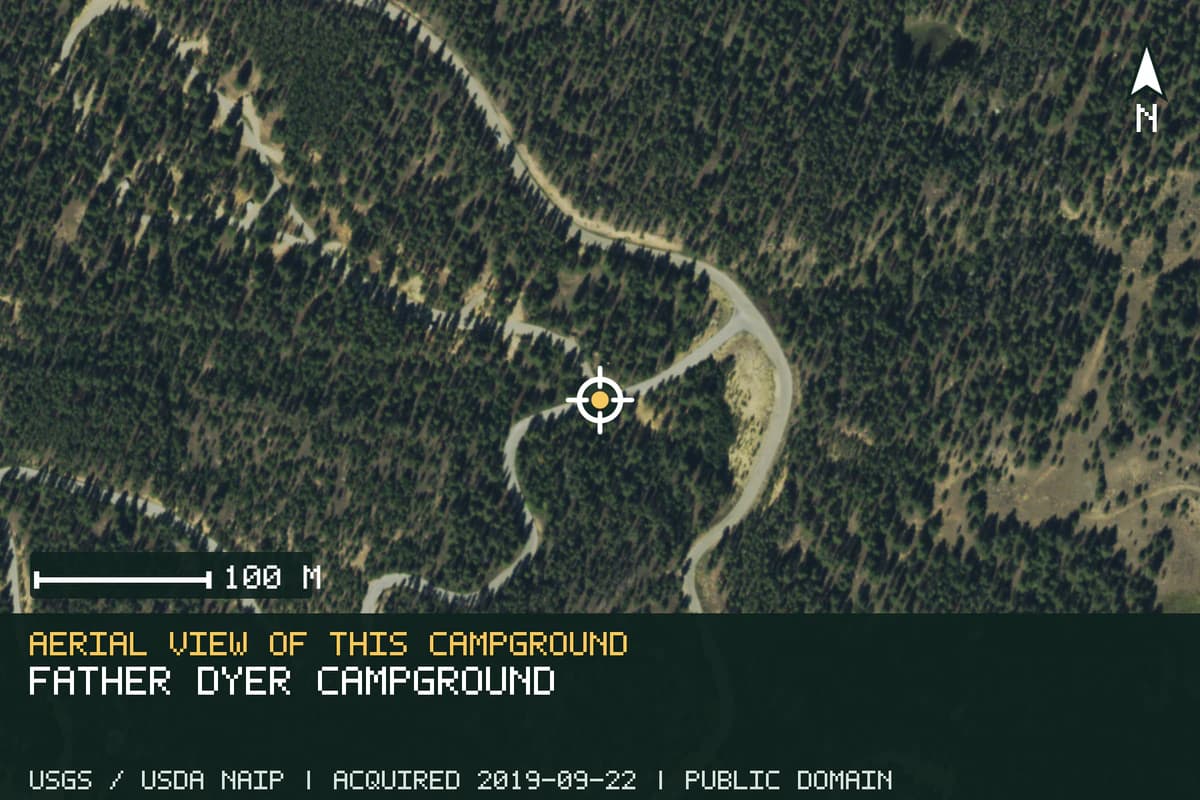 Aerial view of Father Dyer Campground, with the verified campground location marked.