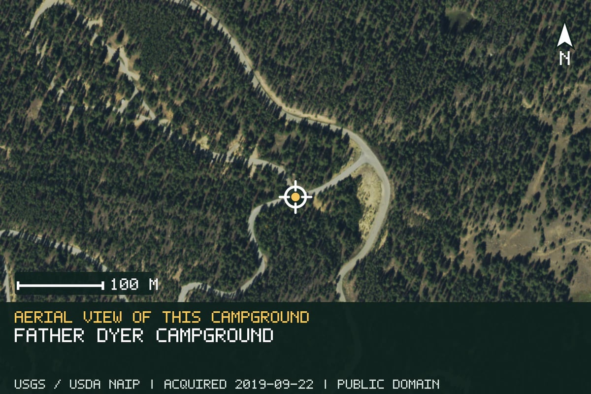 Aerial view of Father Dyer Campground, with the verified campground location marked.