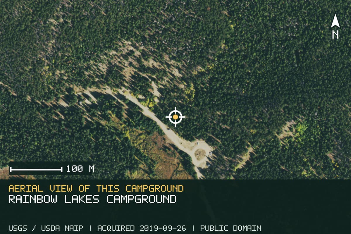 Aerial view of Rainbow Lakes Campground, with the verified campground location marked.