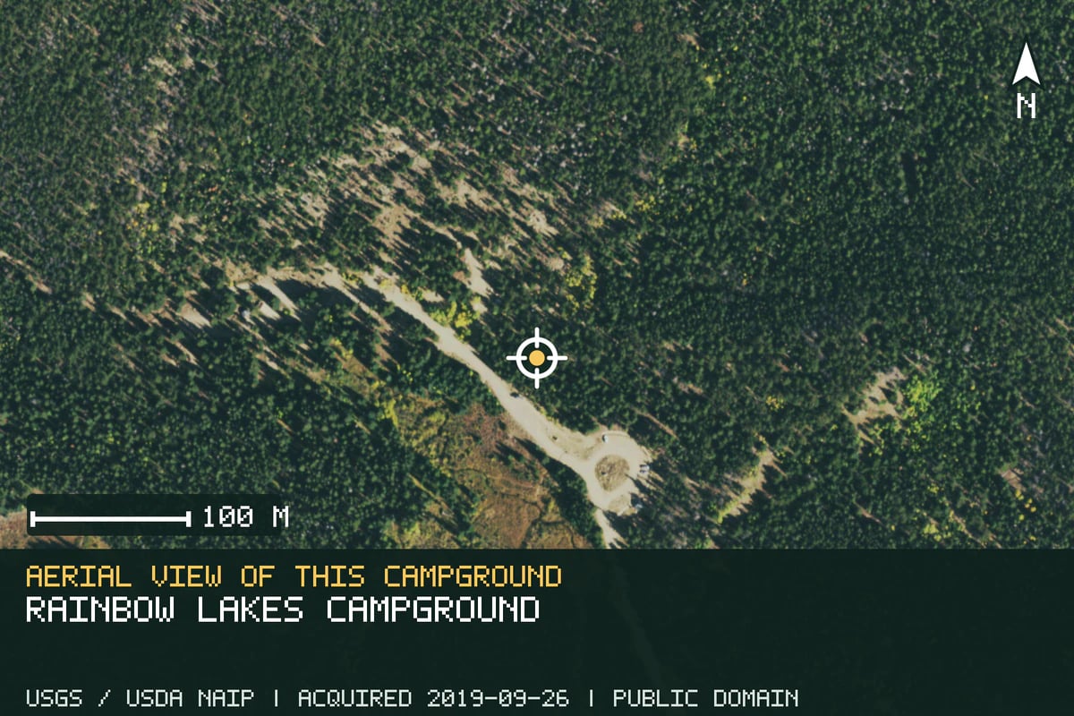 Aerial view of Rainbow Lakes Campground, with the verified campground location marked.