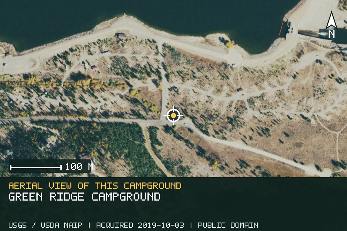 Aerial view of Green Ridge Campground, with the verified campground location marked.
