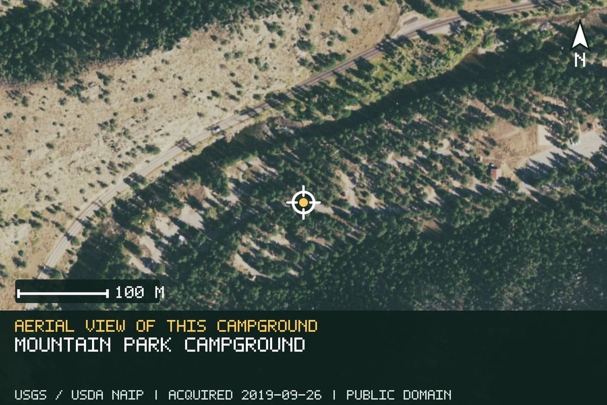 Aerial view of Mountain Park Campground, with the verified campground location marked.