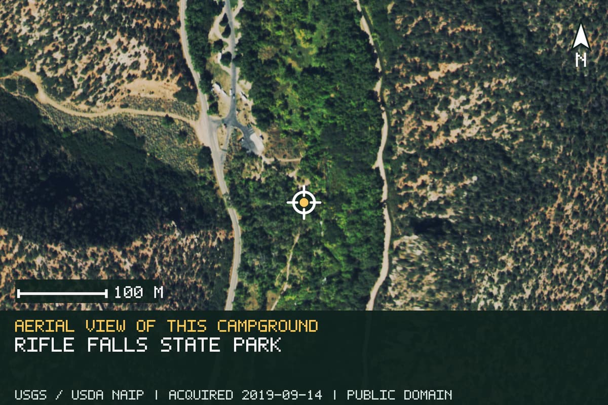 Aerial view of Rifle Falls State Park, with the verified campground location marked.
