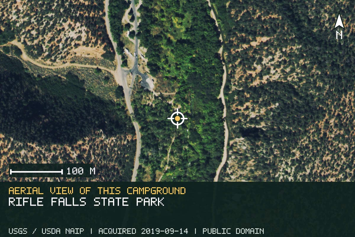 Aerial view of Rifle Falls State Park, with the verified campground location marked.