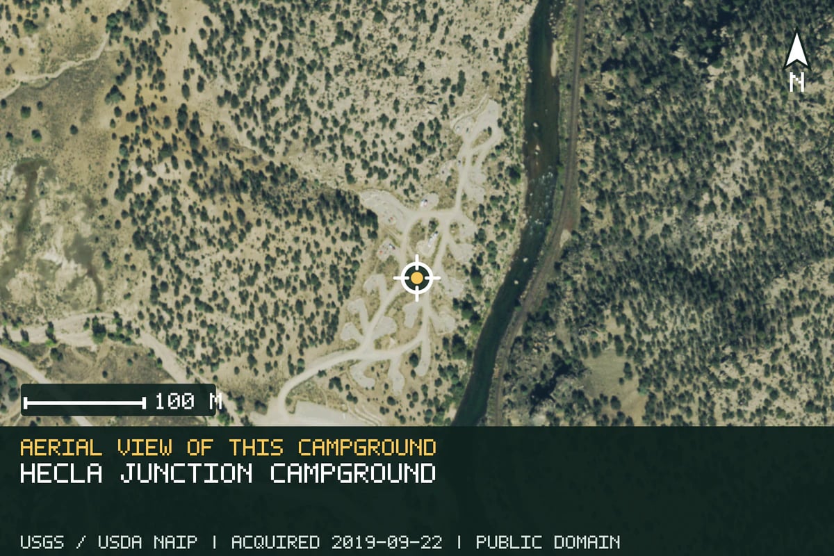 Aerial view of Hecla Junction Campground, with the verified campground location marked.
