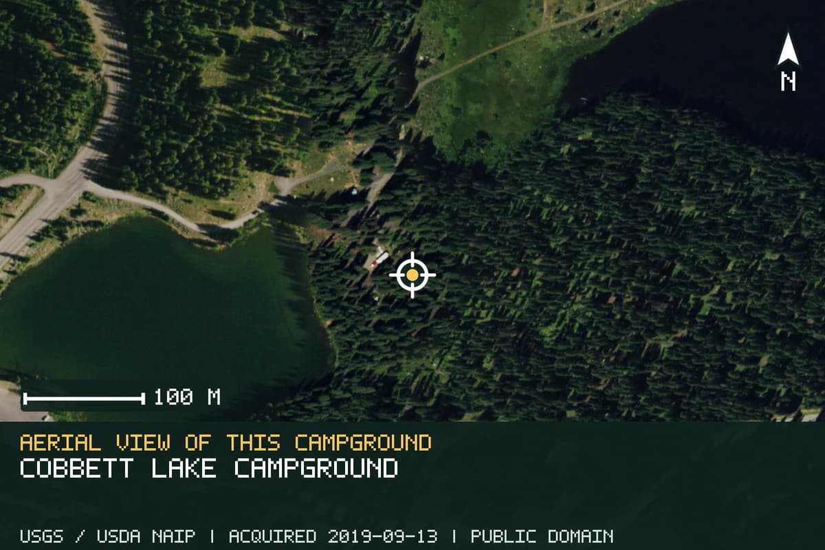 Aerial view of Cobbett Lake Campground, with the verified campground location marked.