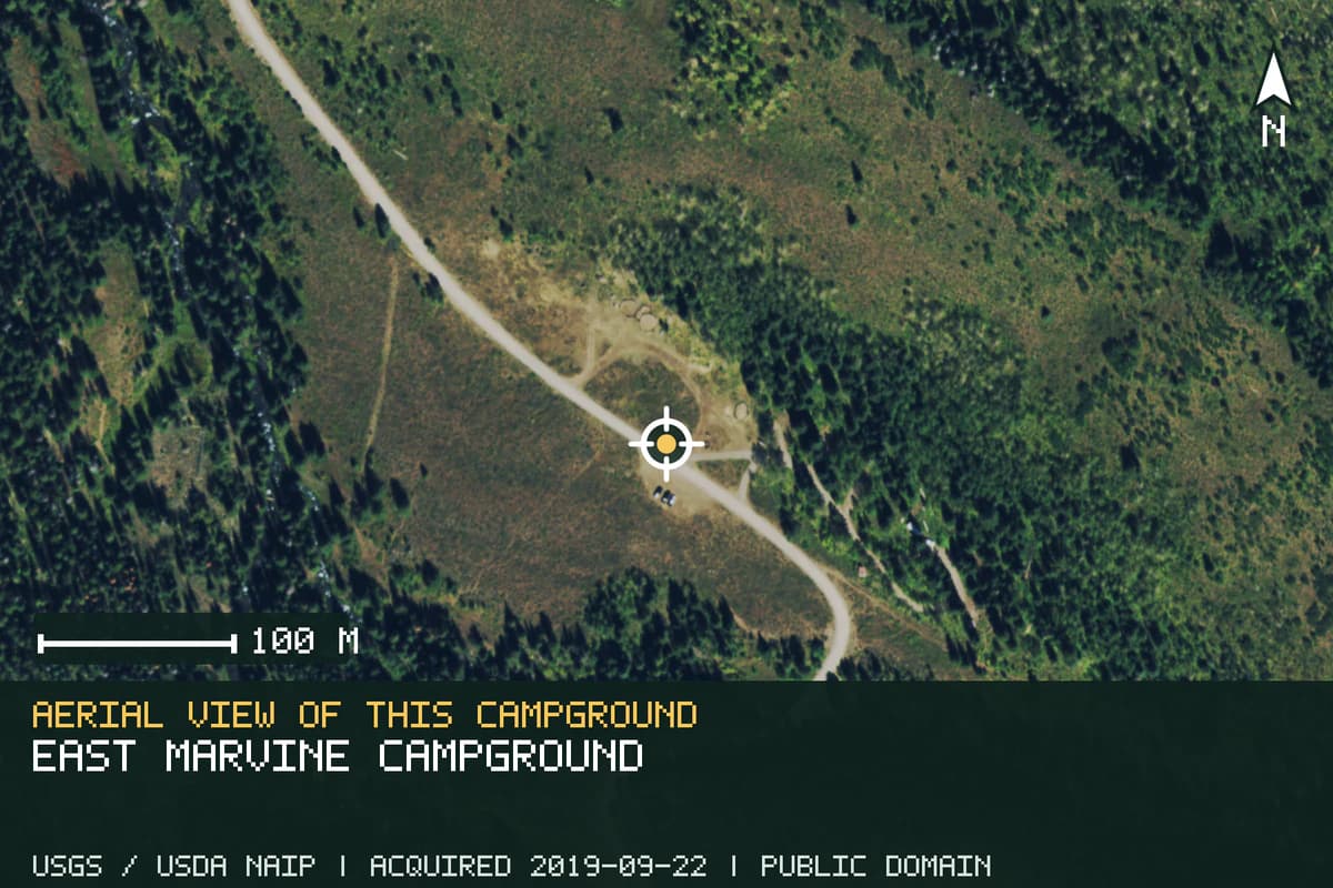 Aerial view of East Marvine Campground, with the verified campground location marked.