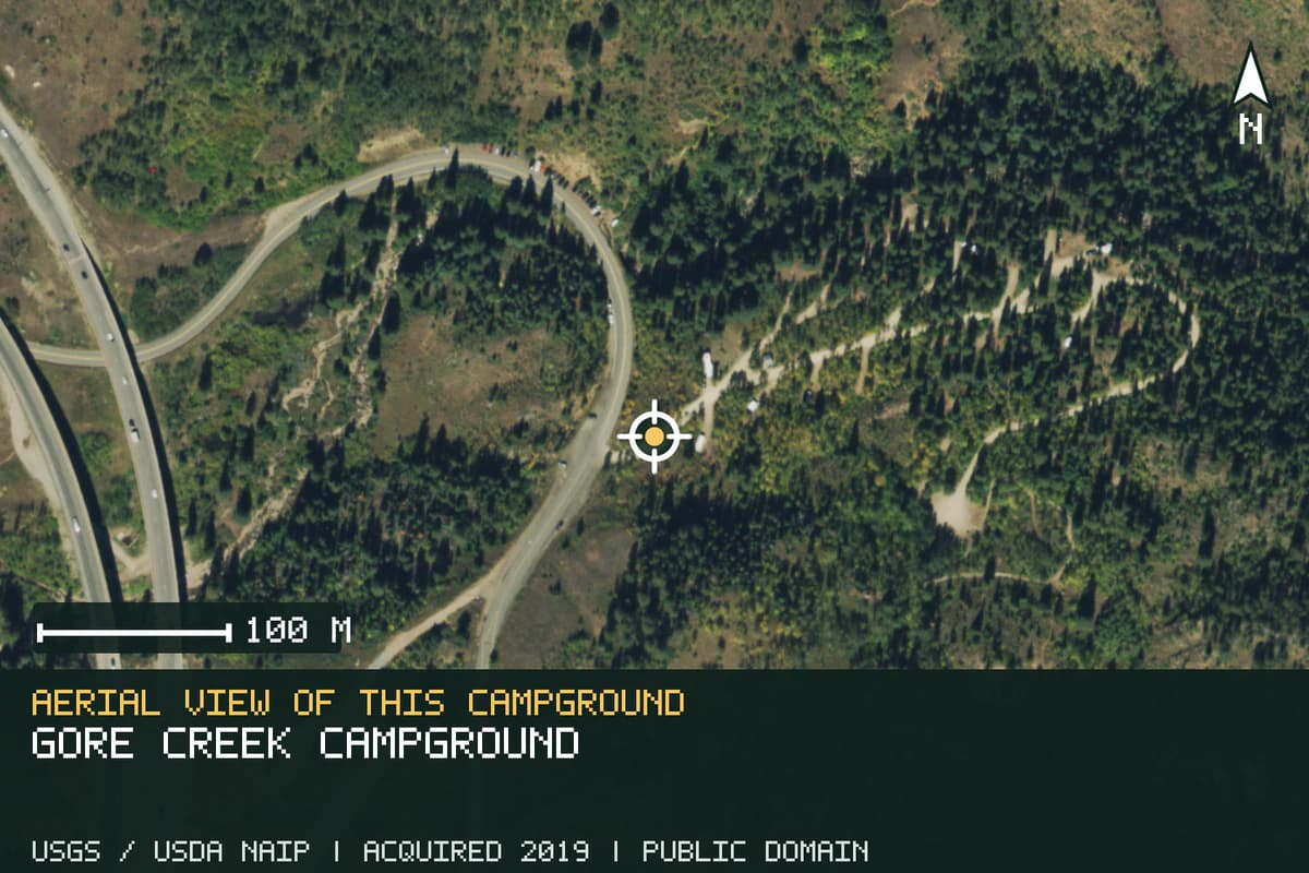 Aerial view of Gore Creek Campground, with the verified campground location marked.