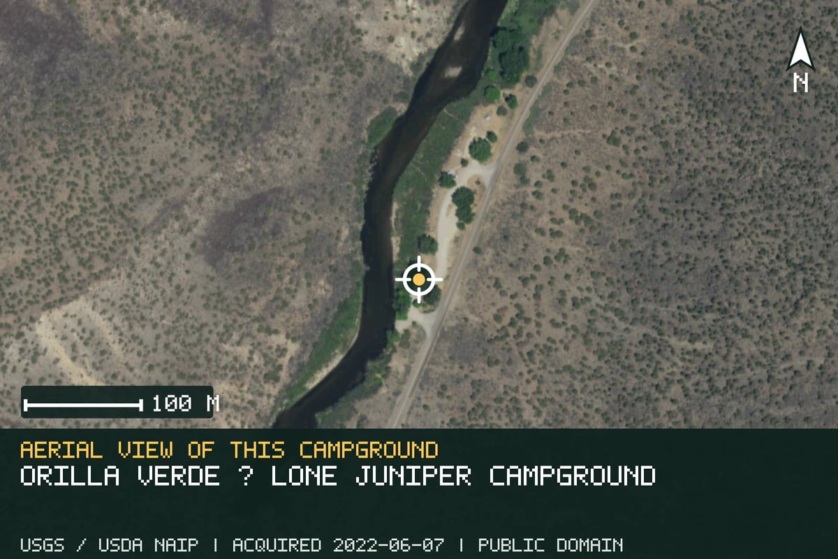 Aerial view of Orilla Verde · Lone Juniper Campground, with the verified campground location marked.