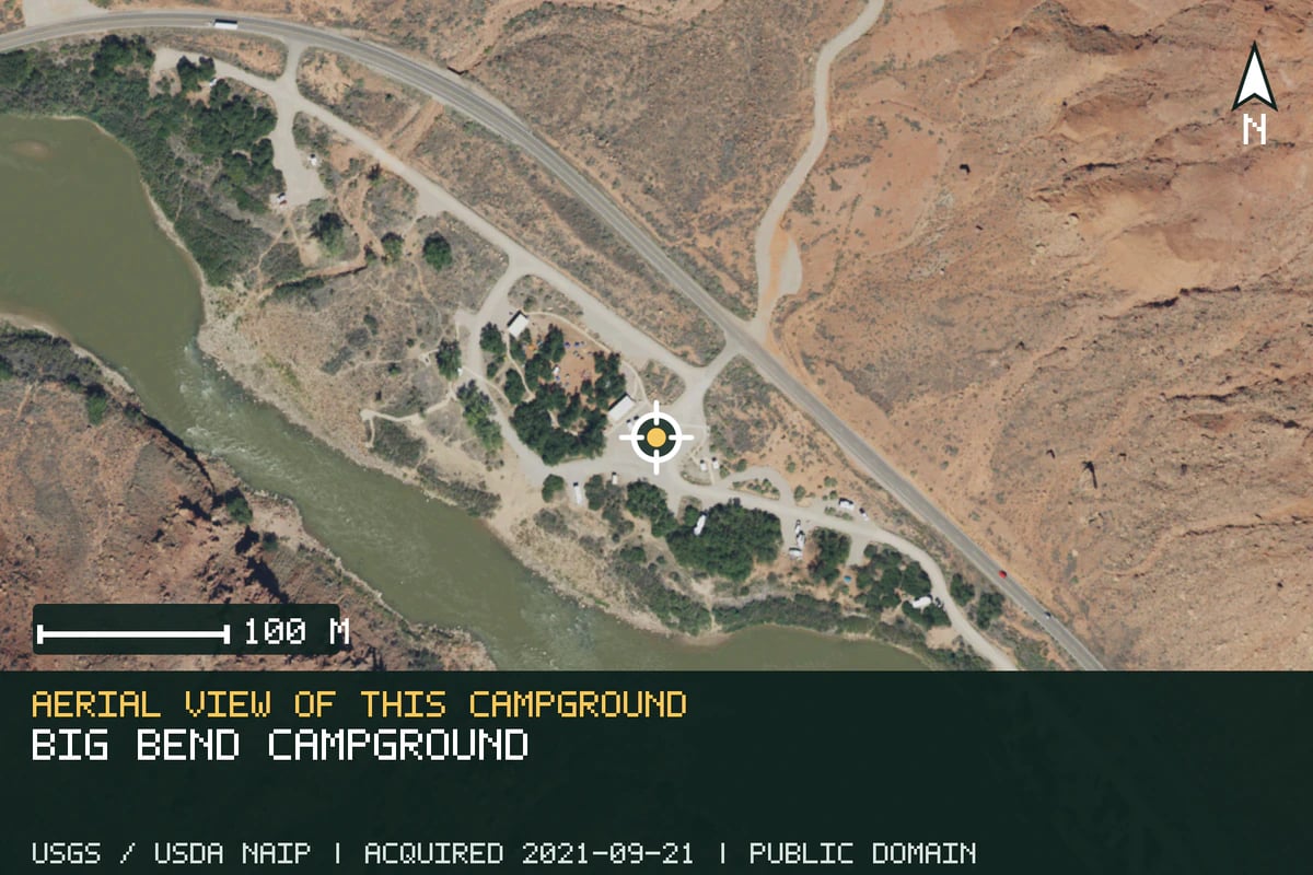 Aerial view of Big Bend Campground, with the verified campground location marked.