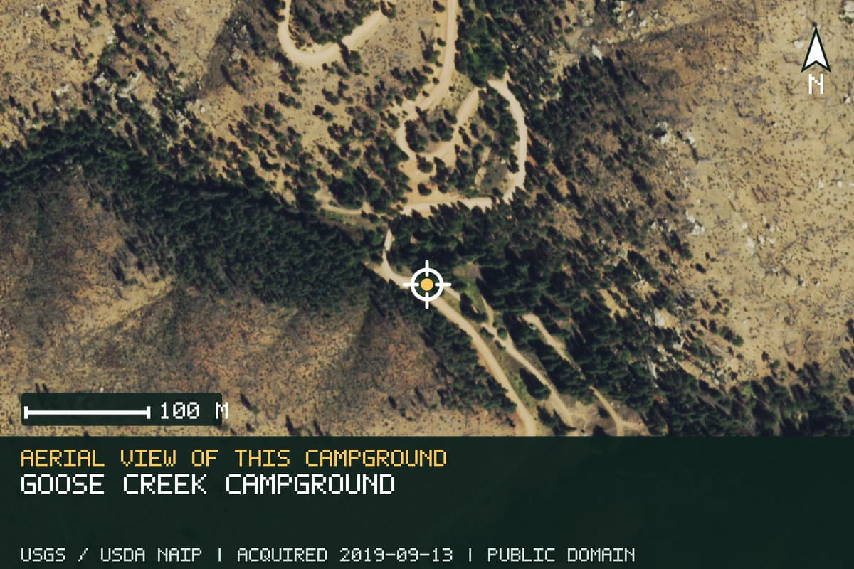 Aerial view of Goose Creek Campground, with the verified campground location marked.