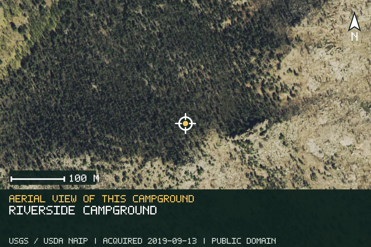 Aerial view of Riverside Campground, with the verified campground location marked.