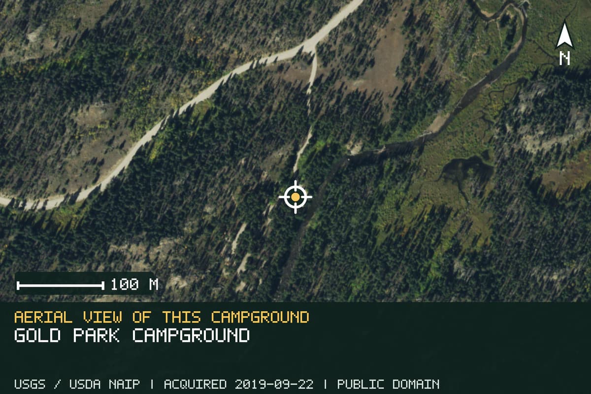 Aerial view of Gold Park Campground, with the verified campground location marked.