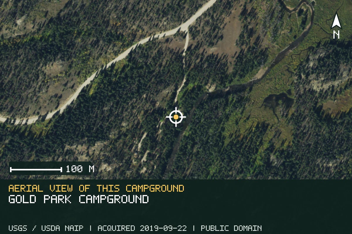 Aerial view of Gold Park Campground, with the verified campground location marked.