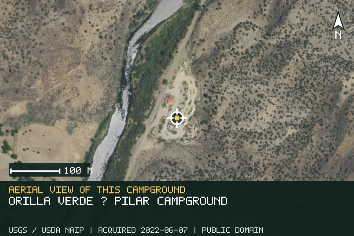 Aerial view of Orilla Verde · Pilar Campground, with the verified campground location marked.