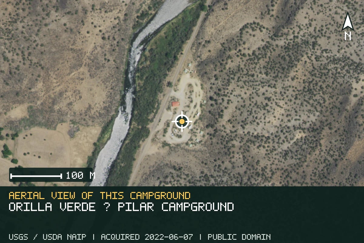 Aerial view of Orilla Verde · Pilar Campground, with the verified campground location marked.