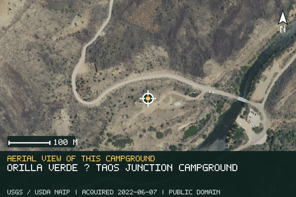 Aerial view of Orilla Verde · Taos Junction Campground, with the verified campground location marked.