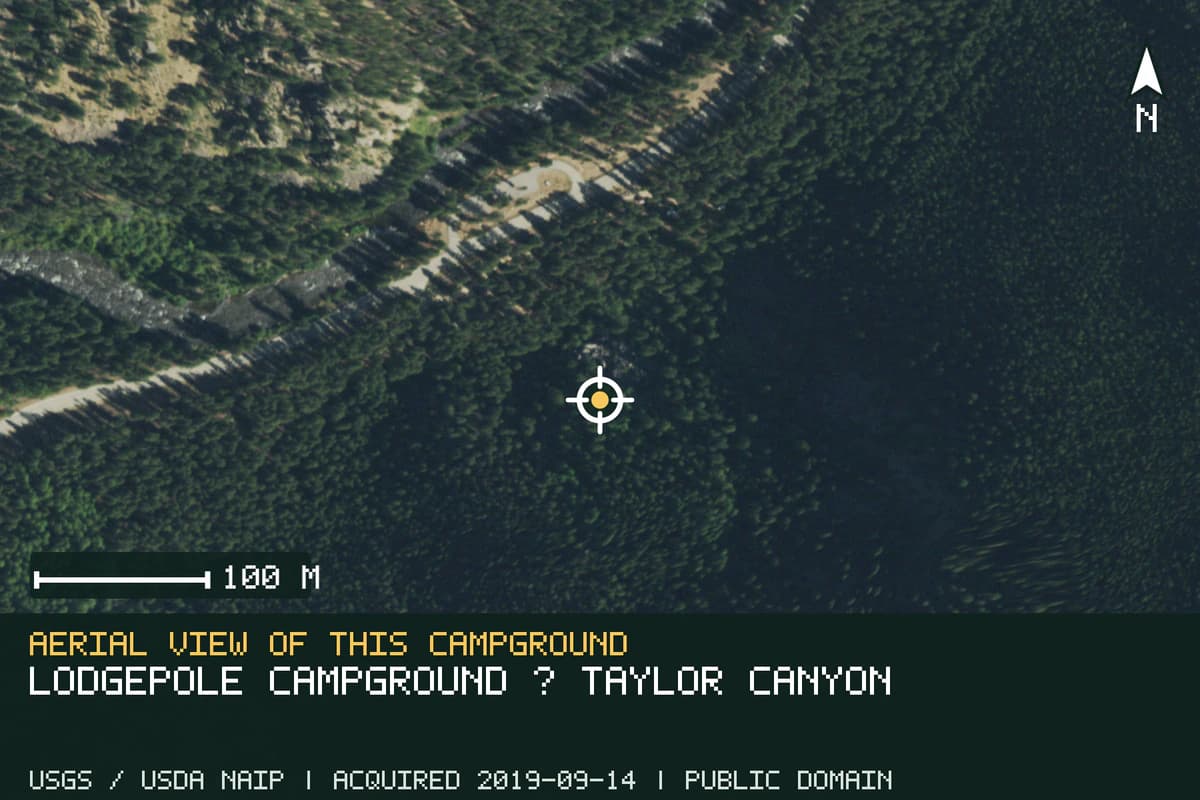 Aerial view of Lodgepole Campground — Taylor Canyon, with the verified campground location marked.