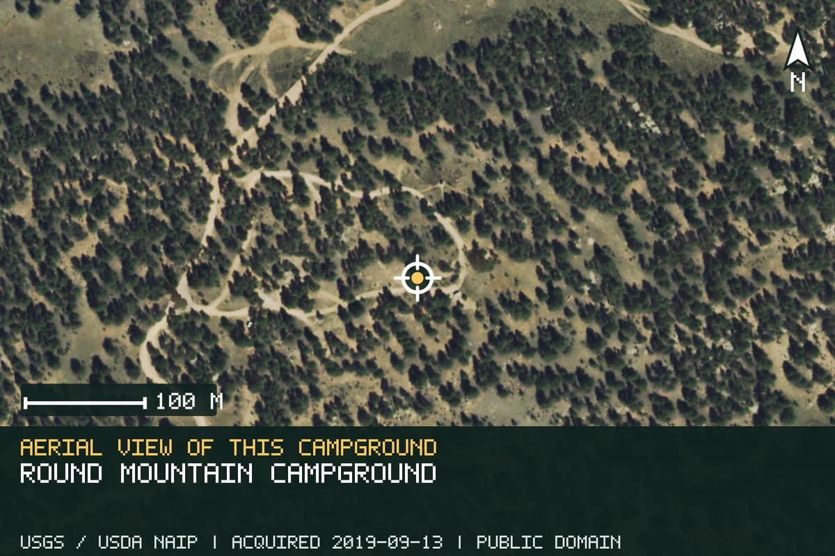 Aerial view of Round Mountain Campground, with the verified campground location marked.