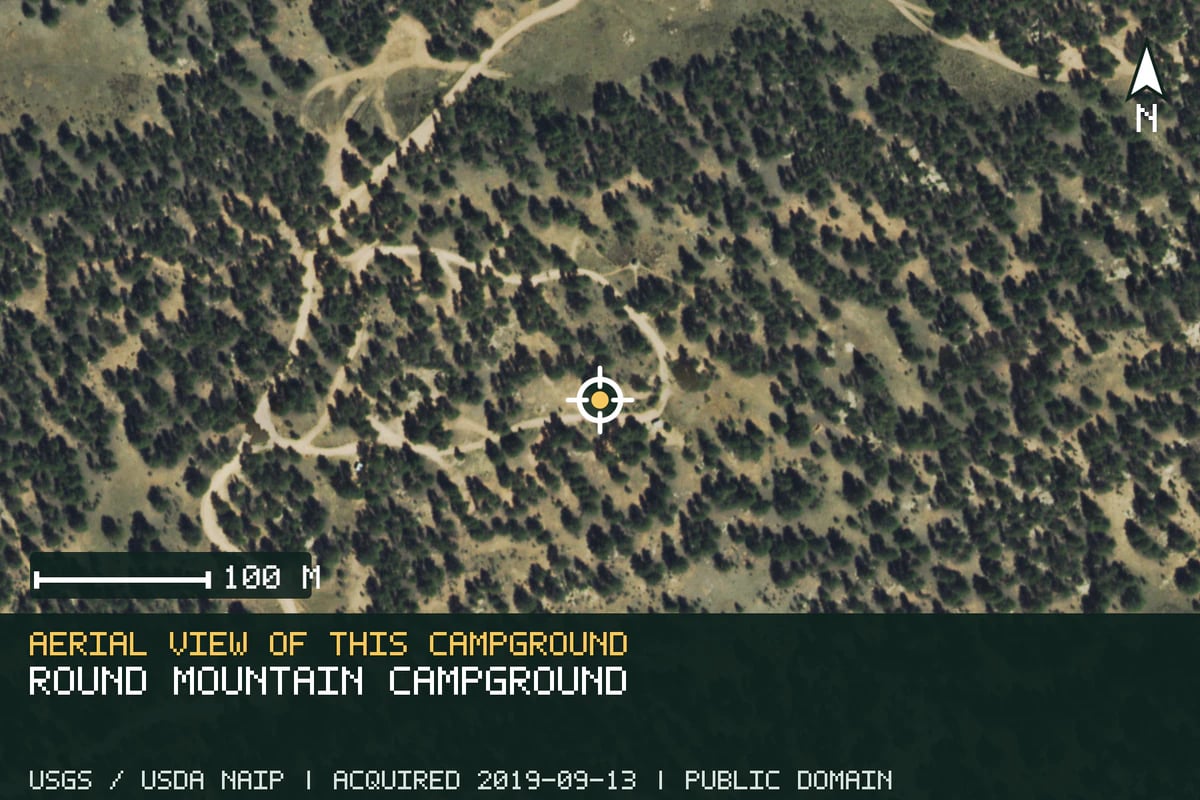 Aerial view of Round Mountain Campground, with the verified campground location marked.