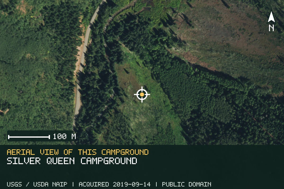 Aerial view of Silver Queen Campground, with the verified campground location marked.