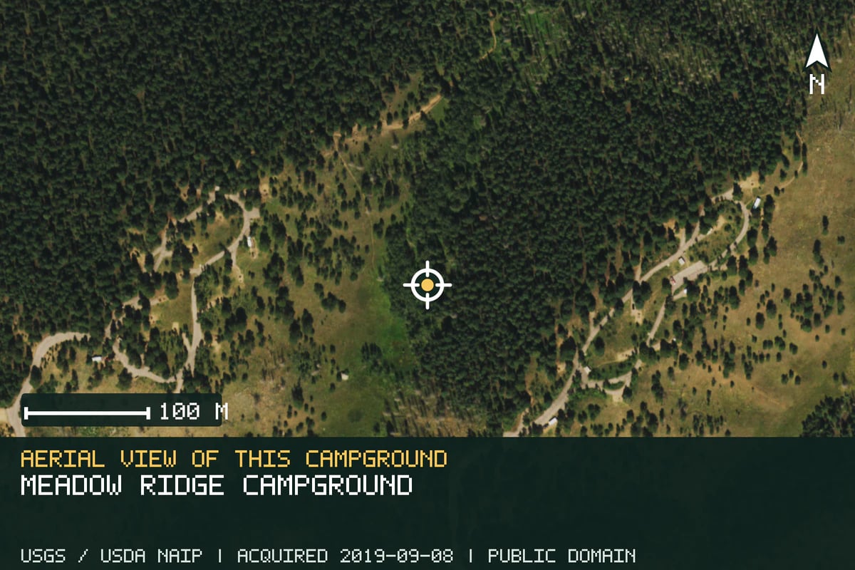 Aerial view of Meadow Ridge Campground, with the verified campground location marked.